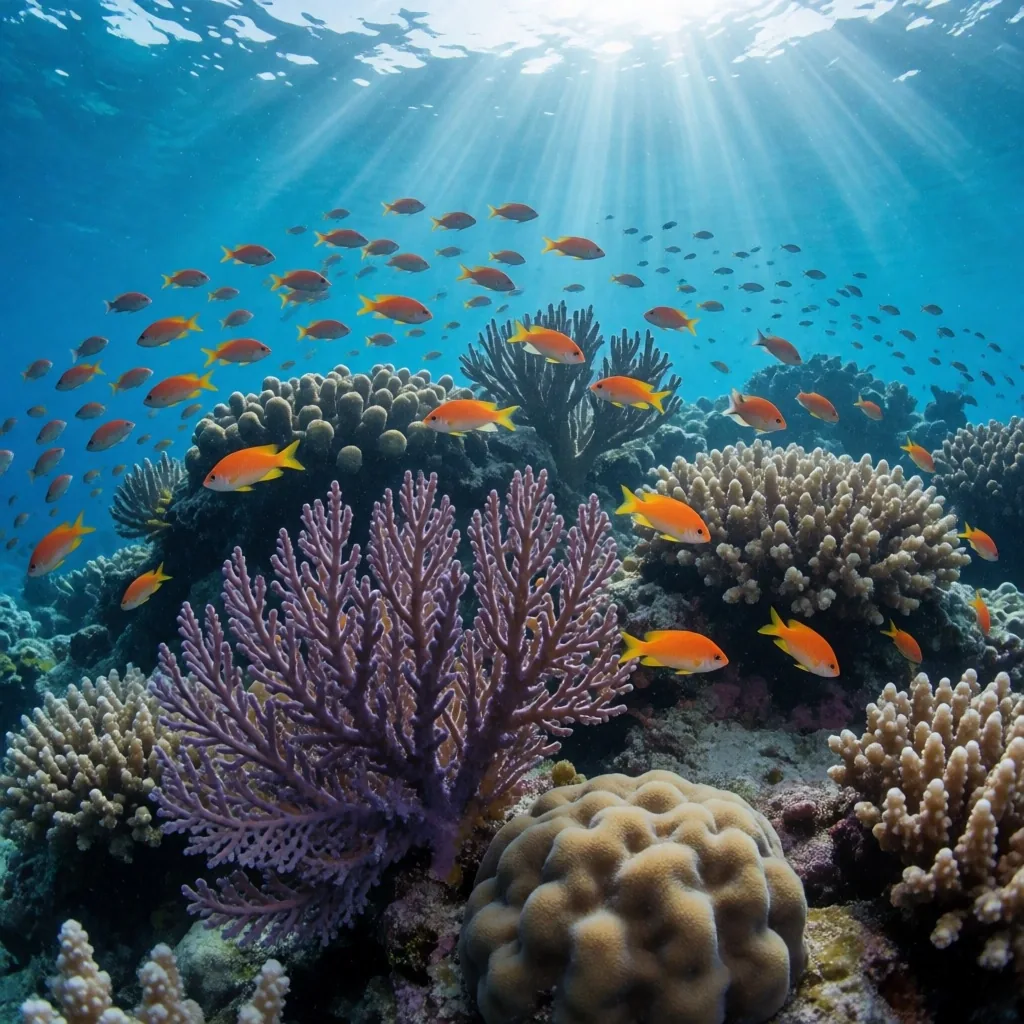 Coral reef ecosystem in blue-tinted water