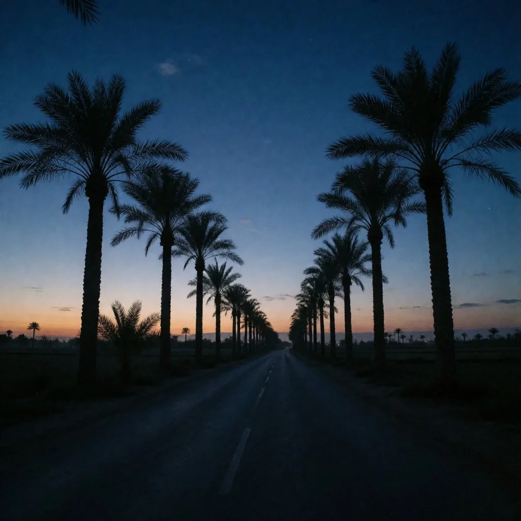 Palm trees silhouetted against the dusk sky