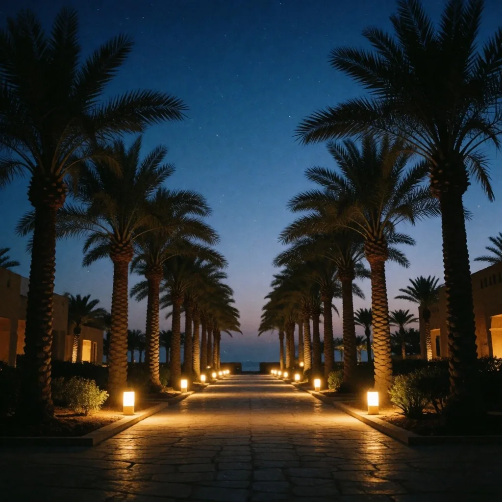 A palm-lined walkway in Egypt at dusk