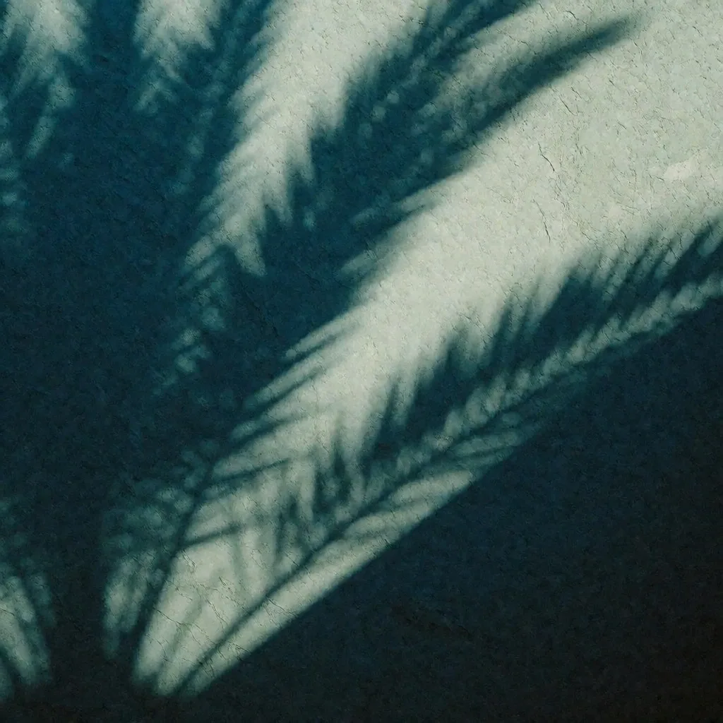 Palm fronds casting sharp indigo shadows on a plaster wall at dusk