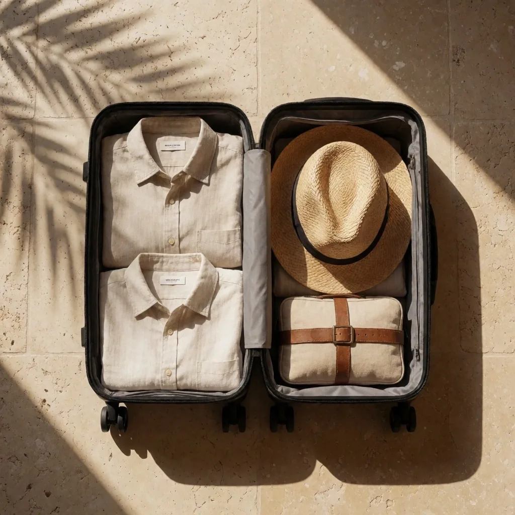 A packed travel suitcase with clothing, hat, and supplies on a stone floor