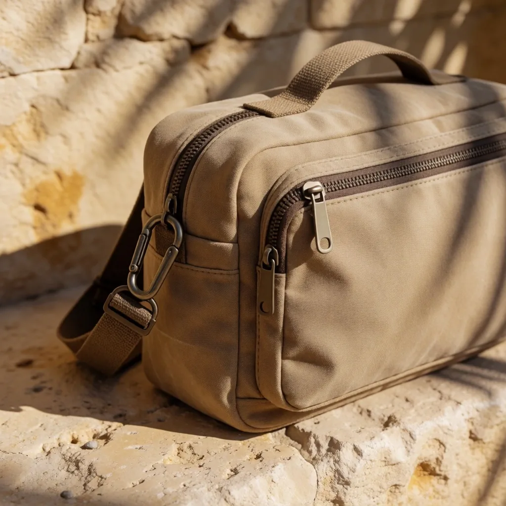 A cross-body day bag with locking zippers on a stone ledge