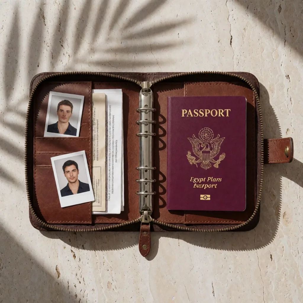 A travel wallet with documents and passport photos on a pale surface