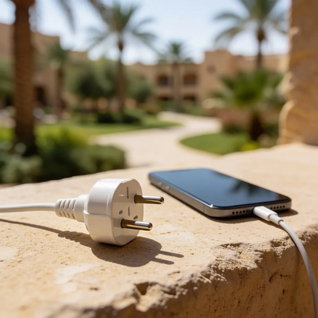 A travel power adapter and cable on a stone surface