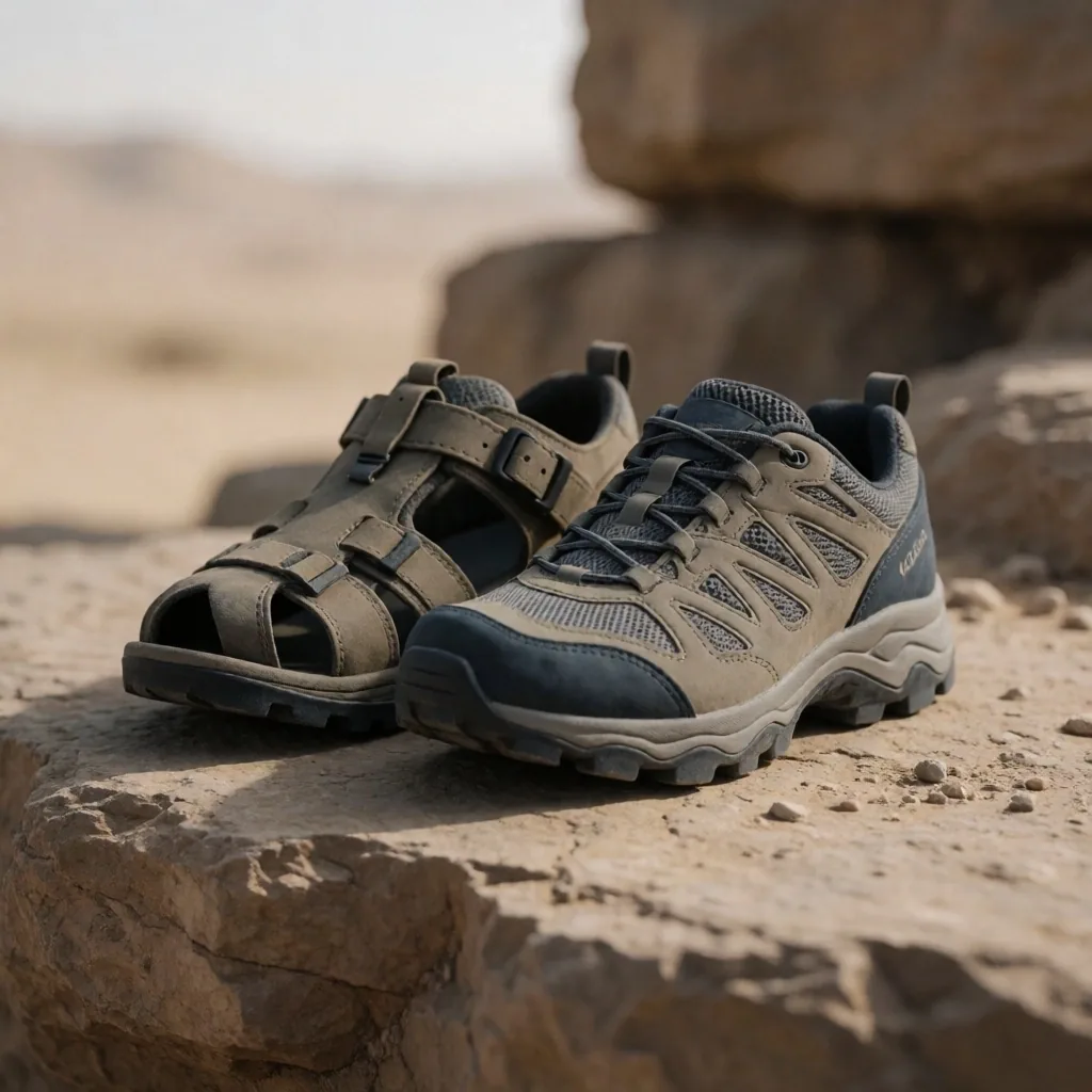 Walking shoes and sandals resting on pale limestone ground
