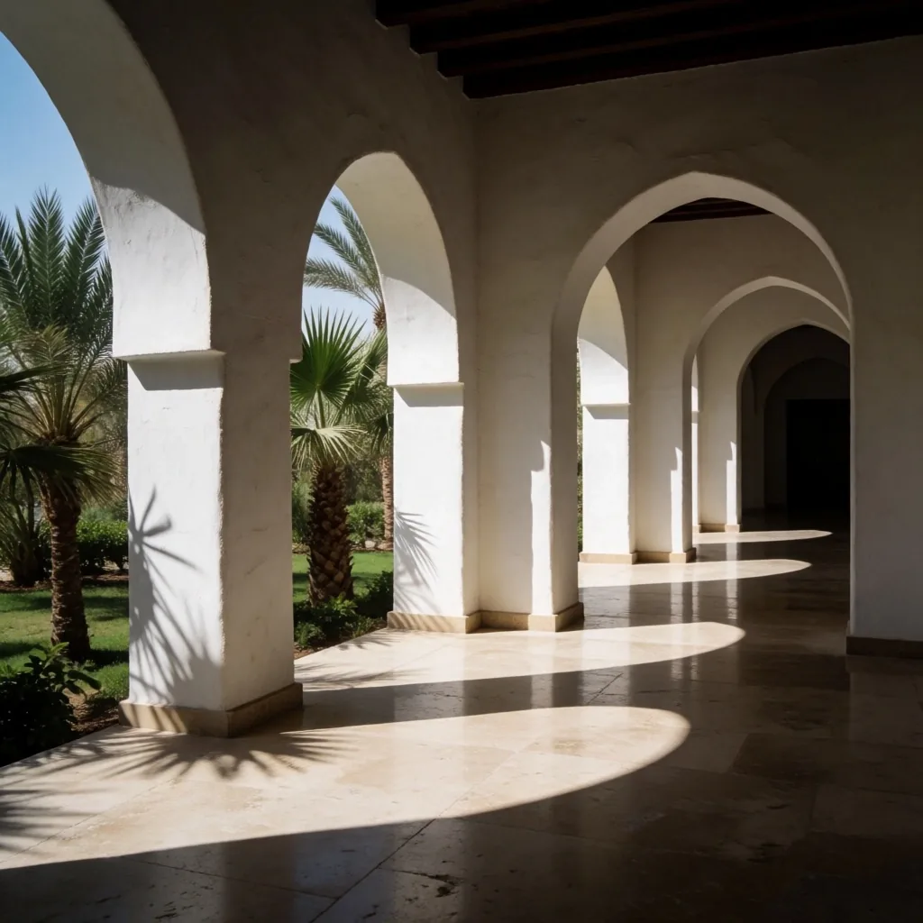 Shaded resort corridor with plaster arches and palm view