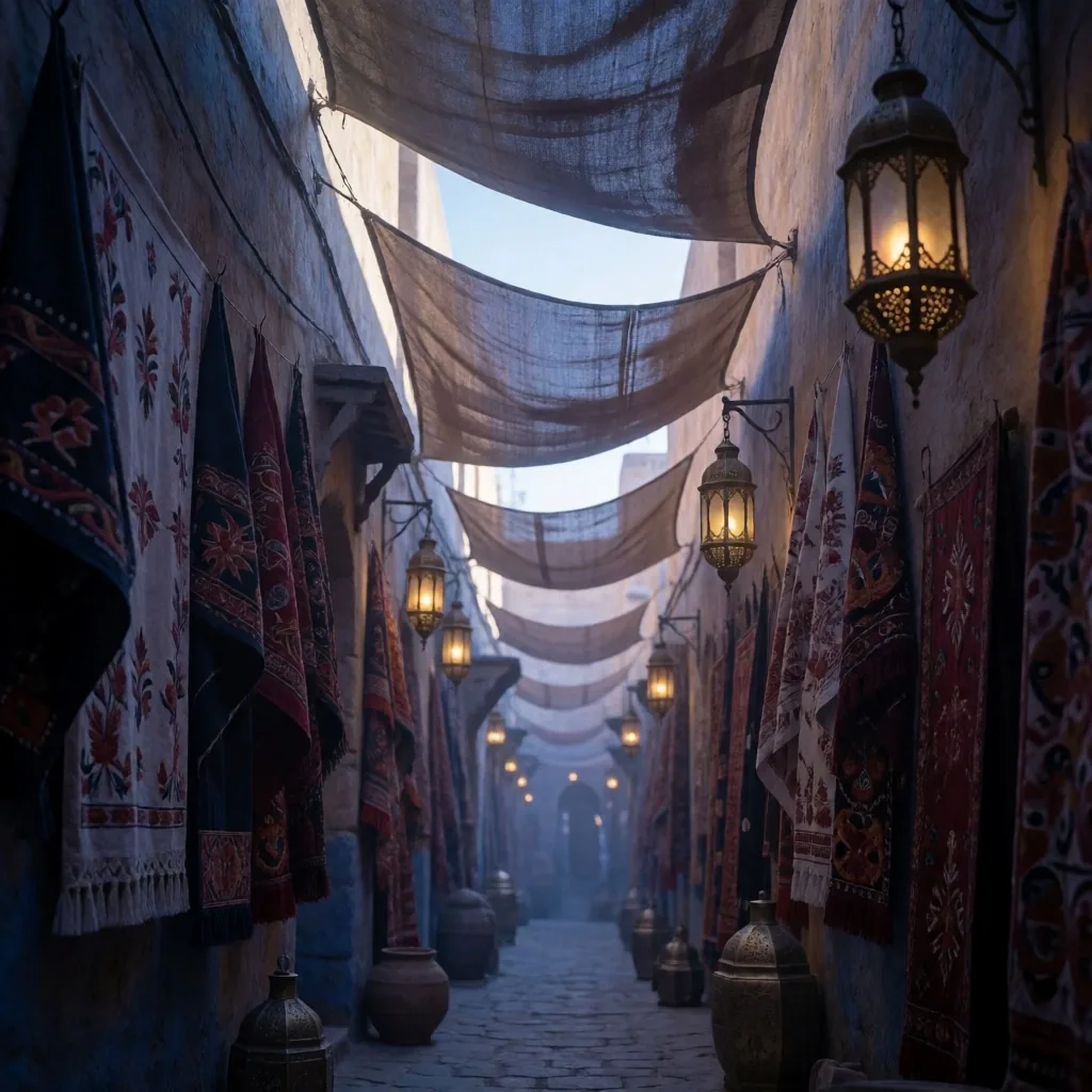 A quiet traditional market alley with soft diffused light