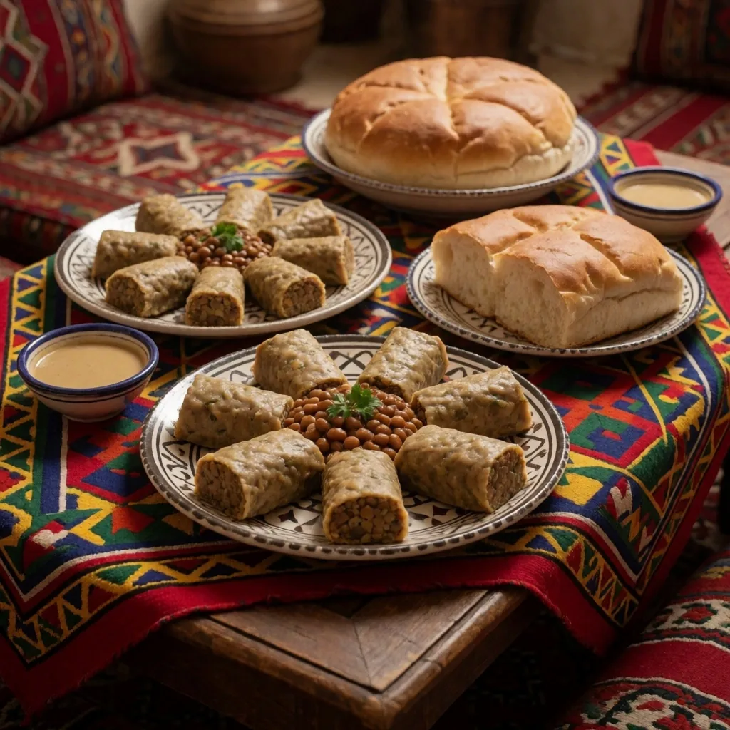 A traditional shared meal on a patterned tablecloth