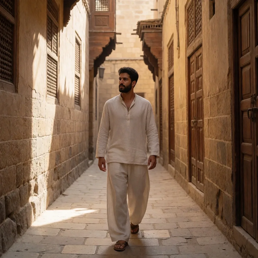 A person dressed modestly walking through a stone alleyway