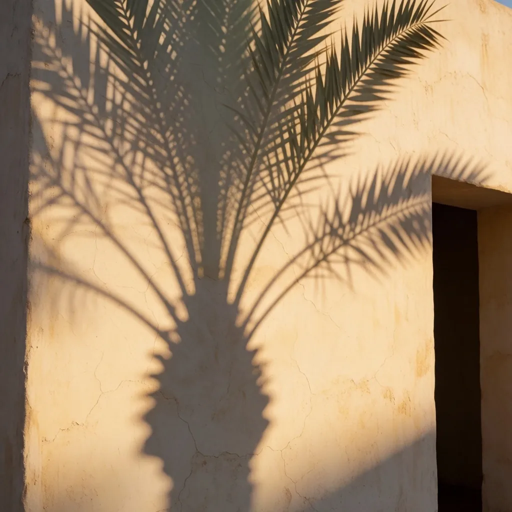 Palm frond shadows on a plaster wall at dusk