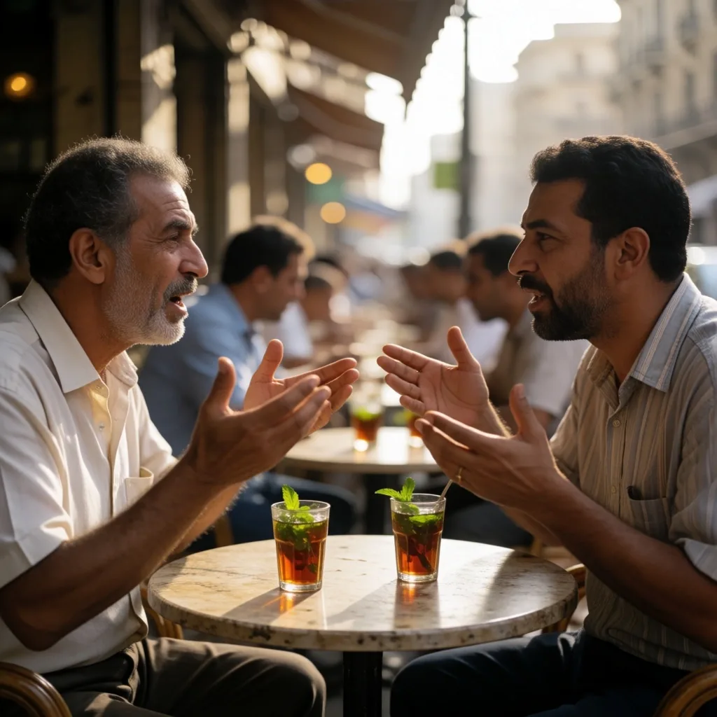 Two people in animated conversation at a street-side cafe