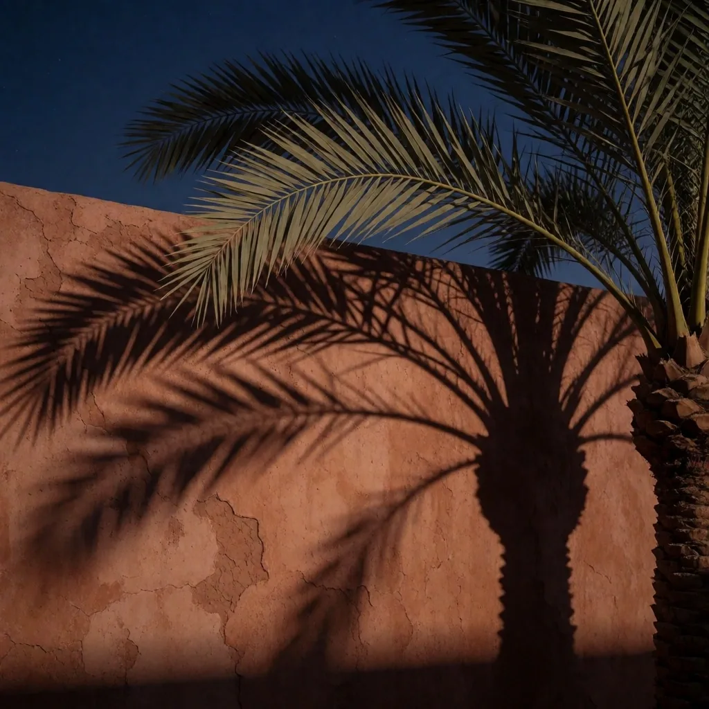 Palm frond shadows on a plaster wall at twilight