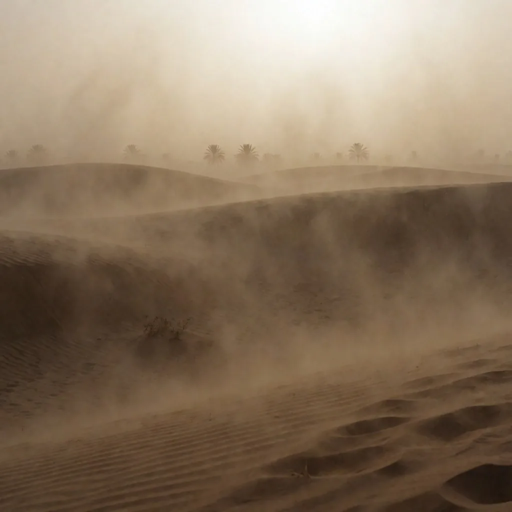 Khamsin dust haze across a desert landscape