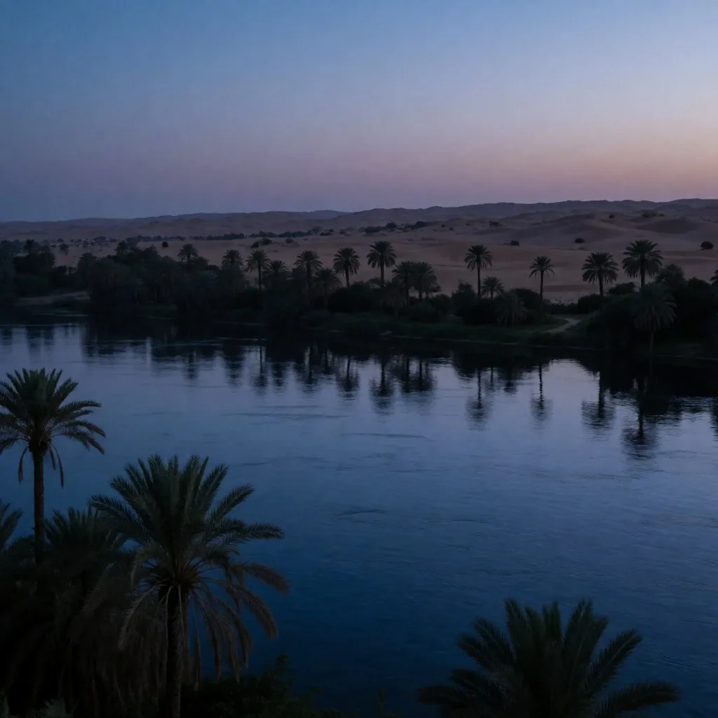 The Nile at dusk with silhouetted palm trees