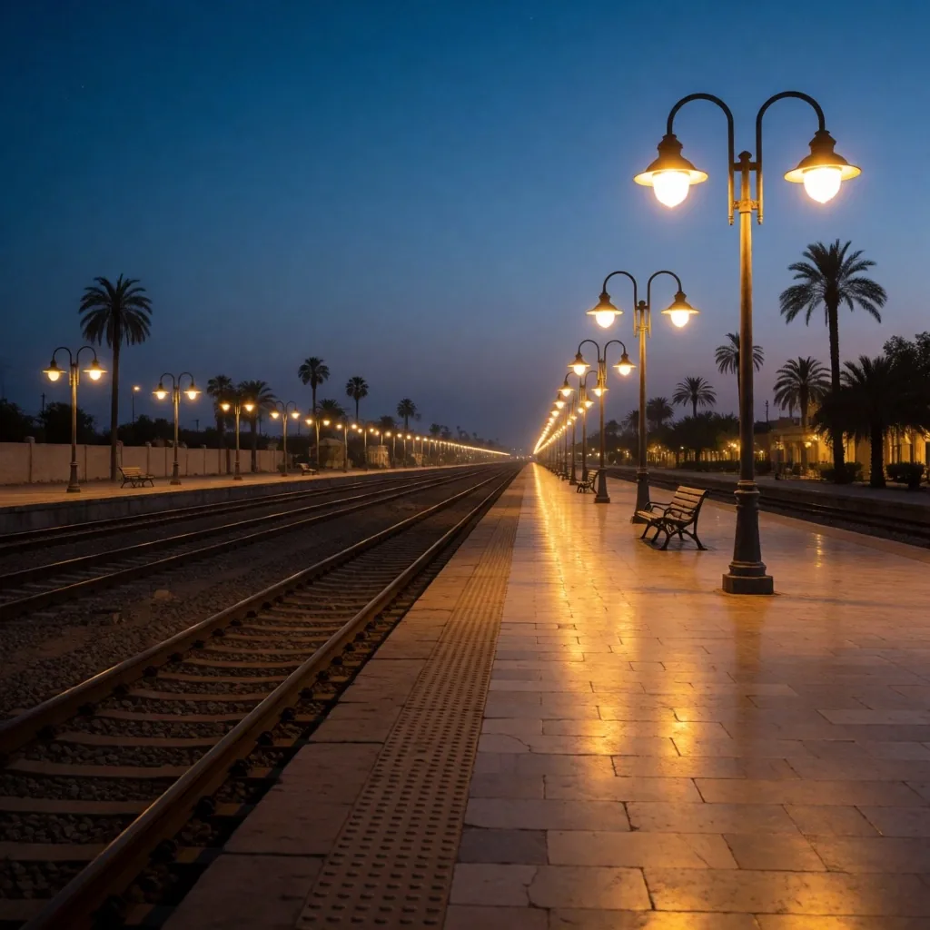 A railway platform at dusk