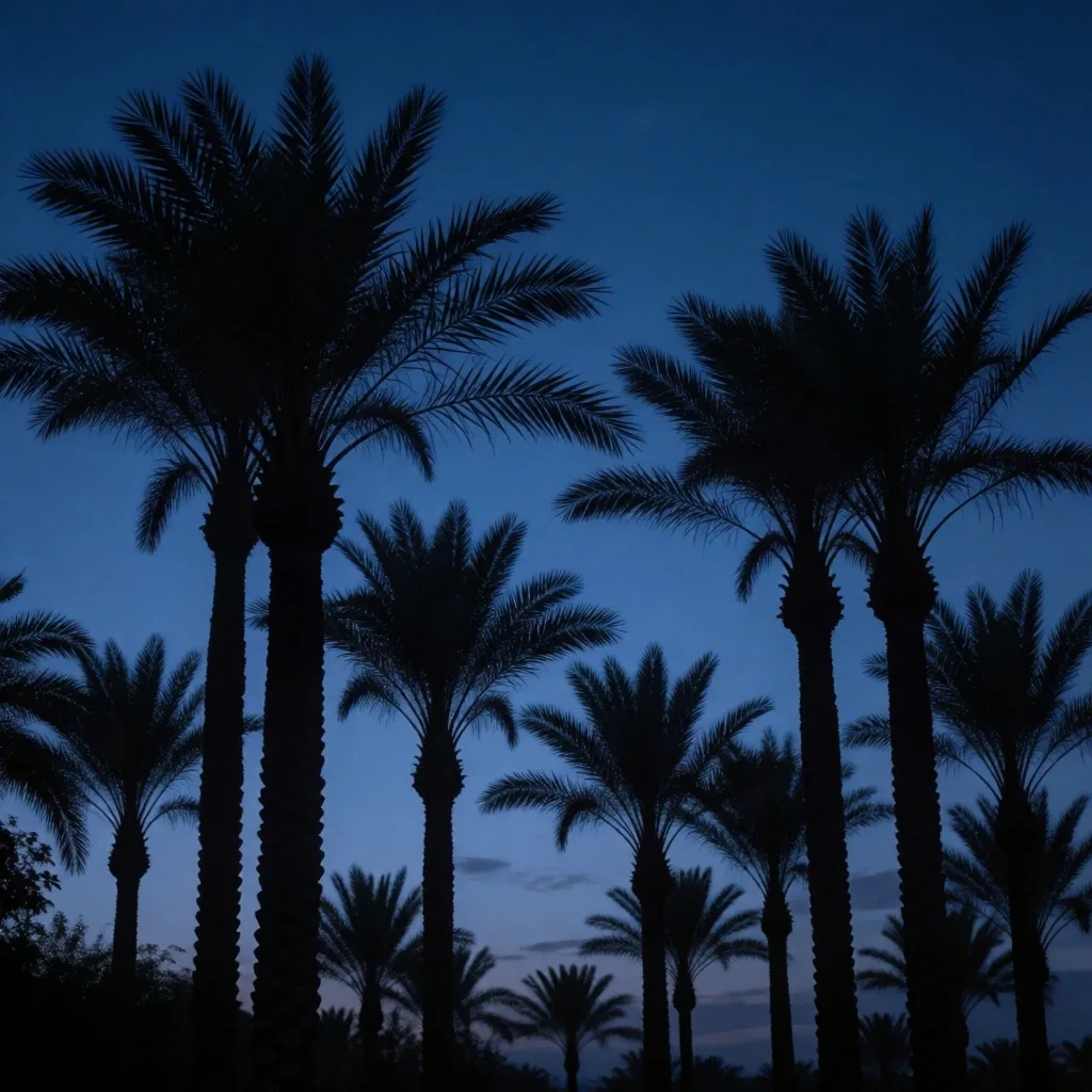 Palm trees silhouetted against a deep blue Egyptian twilight sky